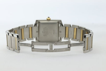 Cartier Tank Francaise 28mm Steel and Gold 2302 Automatic Wrist Watch, off-white guilloche dial, Roman numerals, date indicator, sapphire cabochon crown, sapphire crystal, Steel and gold bracelet with double-fold hidden clasp