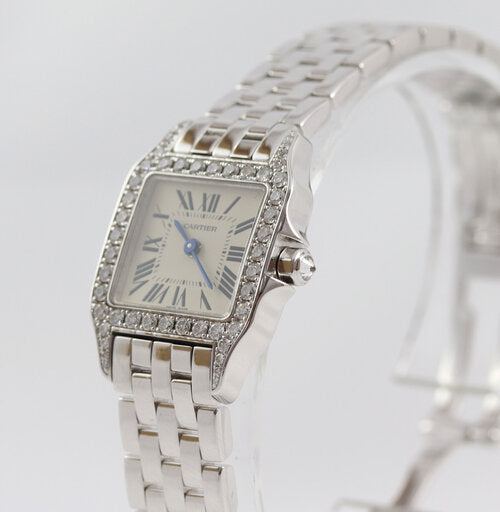 Cartier Ladies Santos Demoiselle Diamond 18ct White Gold Quartz Watch, 18ct white gold bracelet with a double-fold hidden 18ct white gold clasp, with Cartier Box and Cartier service papers dated 2018
