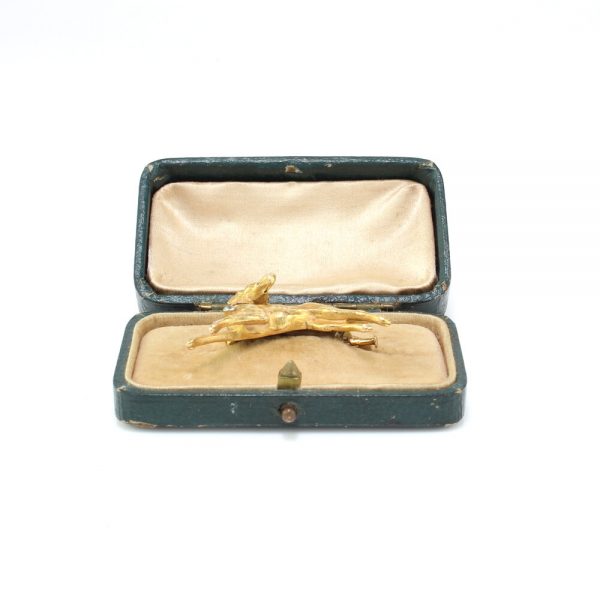 Antique Victorian 18ct Yellow Gold Dog Brooch with Diamond and Ruby decorated Collar, with antique box