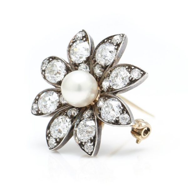 Antique Victorian Pearl and Old Cut Diamond Flower Brooch Pendant