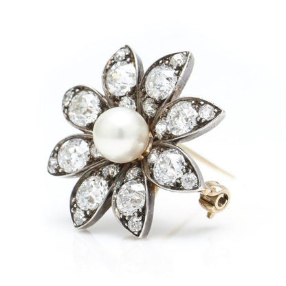 Antique Victorian Pearl and Old Cut Diamond Flower Brooch Pendant