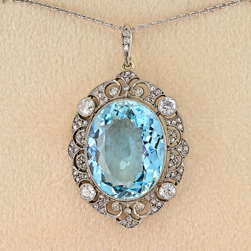 Edwardian Antique Natural No Heat 20.30ct Oval Aquamarine and Diamond Cluster Pendant