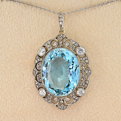 Edwardian Antique Natural No Heat 20.30ct Oval Aquamarine and Diamond Cluster Pendant