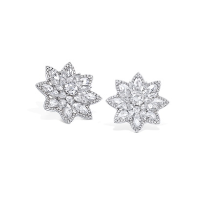 Rose Cut Diamond Daisy Flower Cluster Stud Earrings; set with 5.41 carats of round and pear-shaped rose-cut diamonds accented with round brilliant-cut diamonds