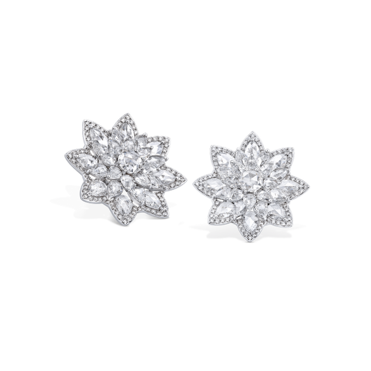 Rose Cut Diamond Daisy Flower Cluster Stud Earrings; set with 5.41 carats of round and pear-shaped rose-cut diamonds accented with round brilliant-cut diamonds