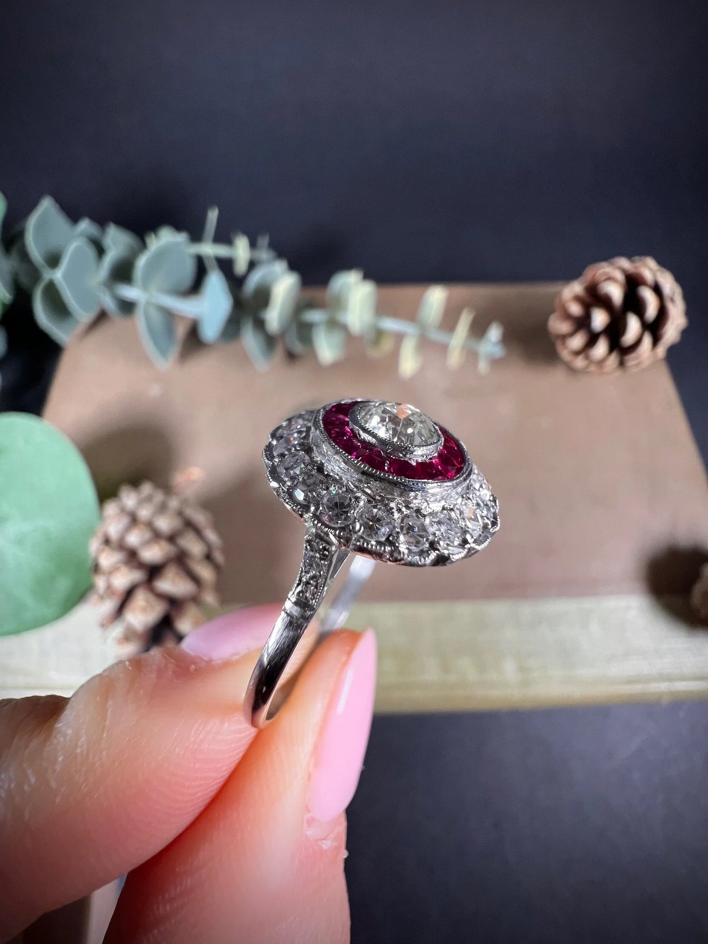 A round cluster ring with rubies and diamonds in white gold, held by a hand
