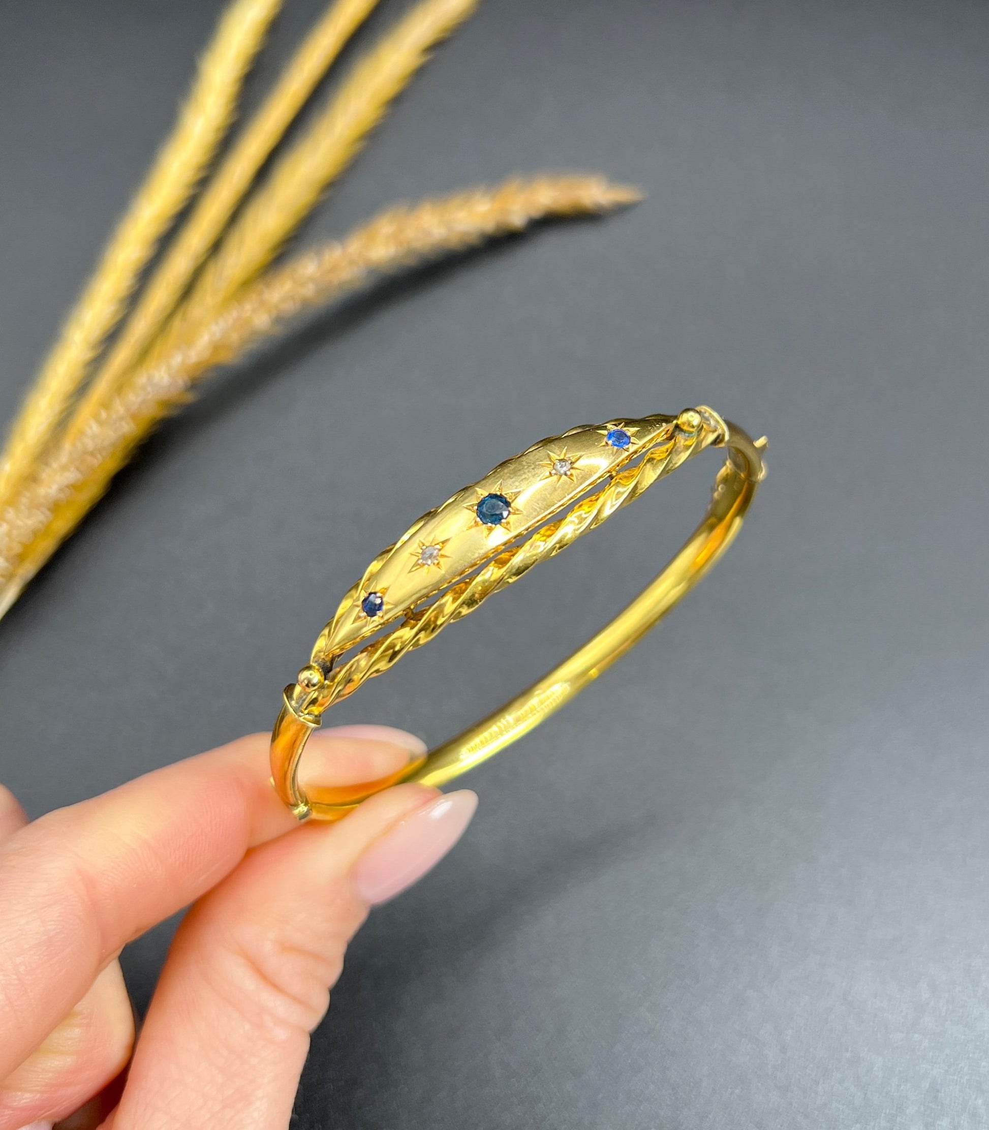 Antique 9 ct Yellow Gold, Edwardian Star Set Sapphire And Diamond Bangle