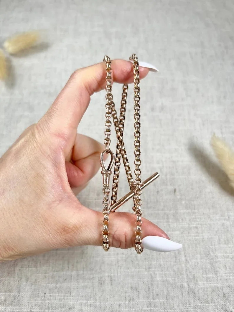 Antique 9ct Rose Gold, Edwardian Round Faceted Belcher Link Chain with Moveable T-bar