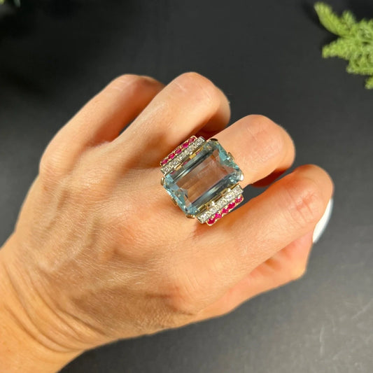 Vintage Retro 17cts Aquamarine Diamond Ruby Cocktail Ring