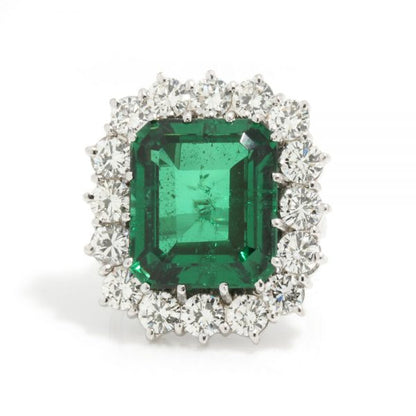 9ct Emerald Cut Natural Green Tourmaline and Diamond Cluster Ring
