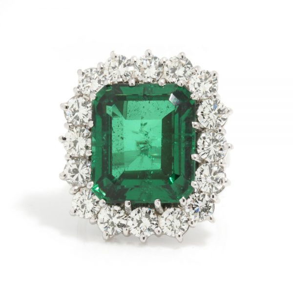 9ct Emerald Cut Natural Green Tourmaline and Diamond Cluster Ring