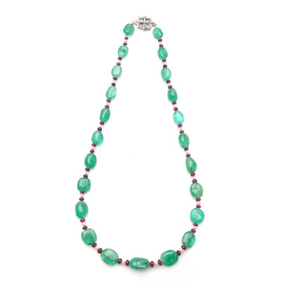 Art Deco Emerald Bead Necklace with Rubellites and Seed Pearls; strung with cabochon bead emeralds, rubellites and seed pearls with diamond set platinum hidden box clasp