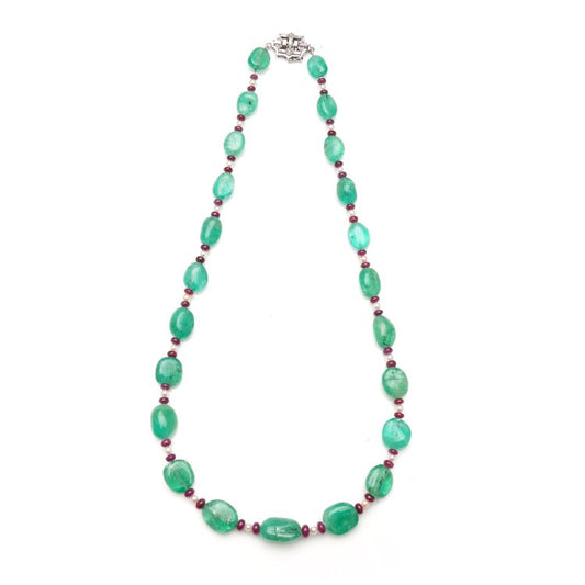 Art Deco Emerald Bead Necklace with Rubellites and Seed Pearls; strung with cabochon bead emeralds, rubellites and seed pearls with diamond set platinum hidden box clasp