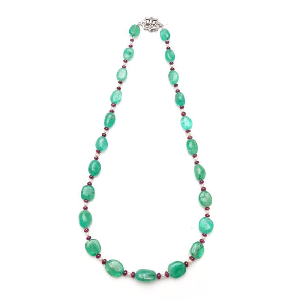 Art Deco Emerald Bead Necklace with Rubellites and Seed Pearls; strung with cabochon bead emeralds, rubellites and seed pearls with diamond set platinum hidden box clasp
