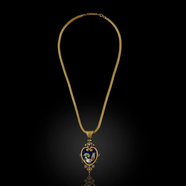 Antique Italian Gold and Micro Mosaic Pendant Necklace; mid-19th century 18ct yellow gold micro mosaic necklace with pendant depicting a peacock next to a palm tree, on a lush blue scenery, Handmade by artisans using original techniques in Vatican workshops, pre-1860 Papal States