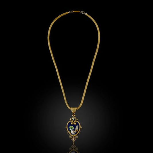 Antique Italian Gold and Micro Mosaic Pendant Necklace; mid-19th century 18ct yellow gold micro mosaic necklace with pendant depicting a peacock next to a palm tree, on a lush blue scenery, Handmade by artisans using original techniques in Vatican workshops, pre-1860 Papal States