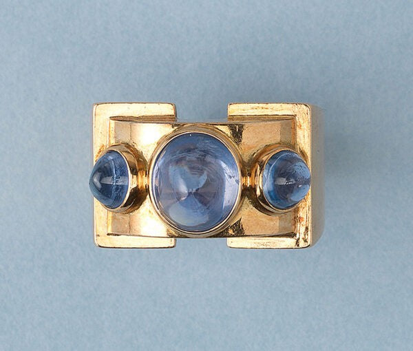 Retro 1940s Cabochon Sapphire Three Stone Ring; set with three high cabochon cut sapphires totalling 4 carats, in 18ct yellow gold, France, Circa 1940