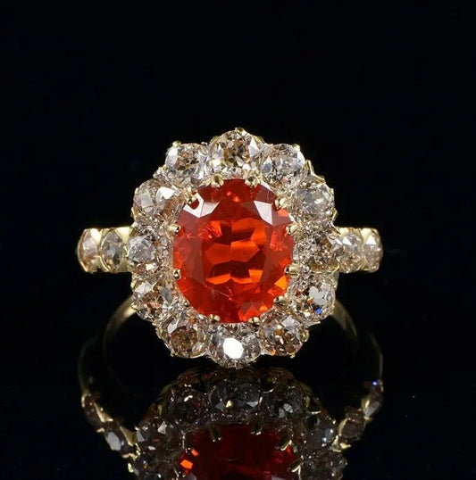 Antique Victorian 2ct Fire Opal and Diamond Cluster Ring