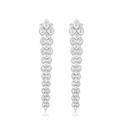 Contemporary Rose Cut Diamond Drop Earrings; set with rose-cut diamonds and round brilliant-cut diamonds in a tiered design, 17.20 carat total. Handcrafted from lightly hammered 18ct white gold