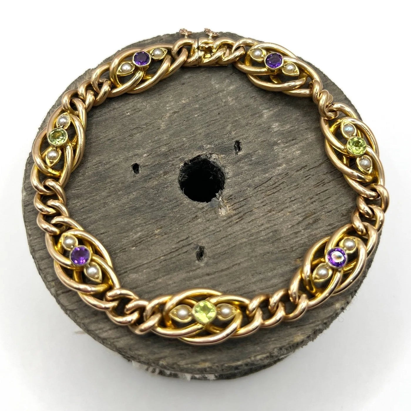 Edwardian Antique Amethyst Peridot and Pearl Suffragette Curb Link Bracelet in 15ct Gold