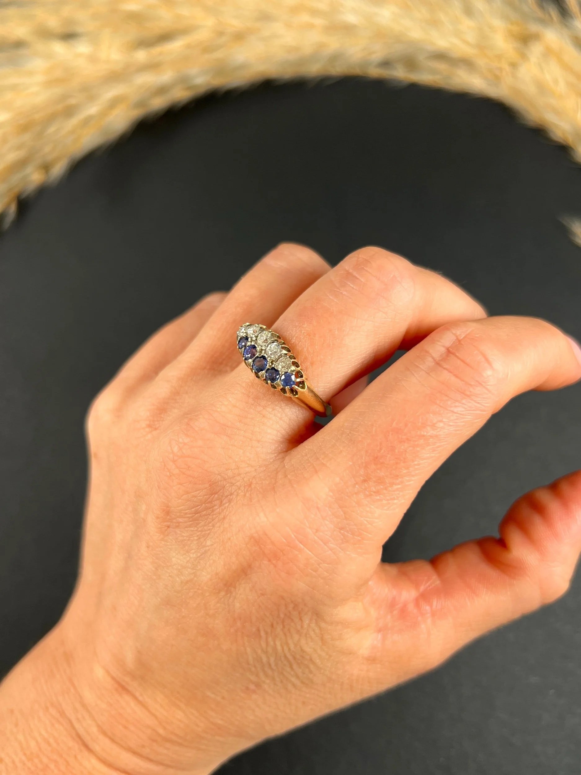 Victorian 18 Carat Gold Sapphire and Diamond Boat Shaped Ring, Circa 1880