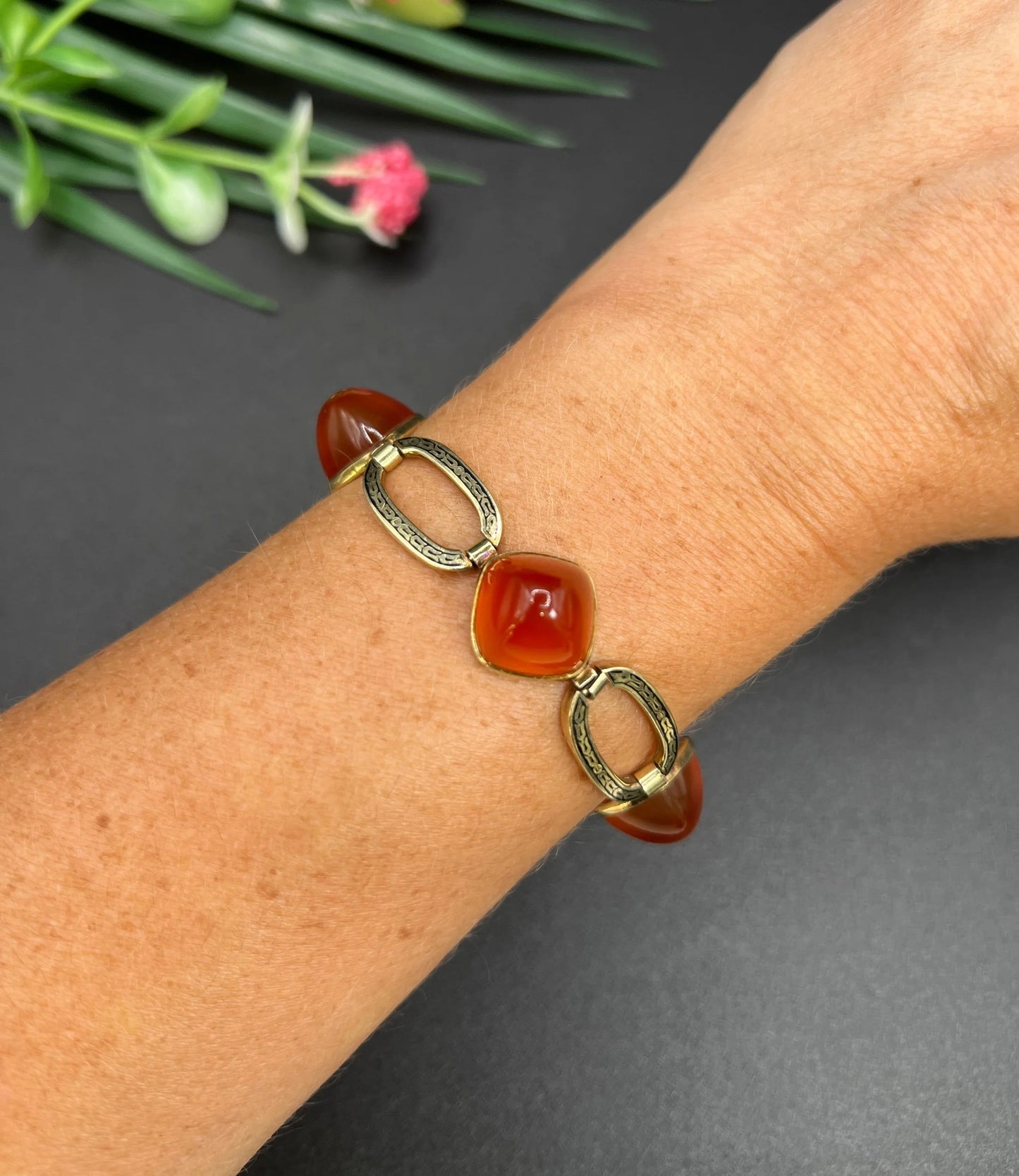 Antique 14 Carat Yellow Gold Carnelian and Black Enamel Bracelet, Circa 1920