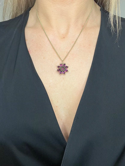 Antique 9ct Rose Gold, Early Victorian Almandine Garnet Floral Pendant