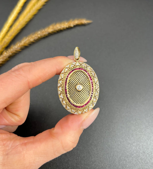 Vintage 18 Carat Gold Stamped Ruby And Diamond Oval Pendant