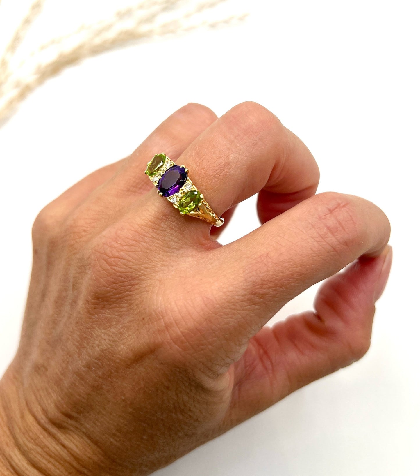 Antique 18 Carat Yellow Gold Edwardian Amethyst, Diamond and Peridot Suffragette Ring