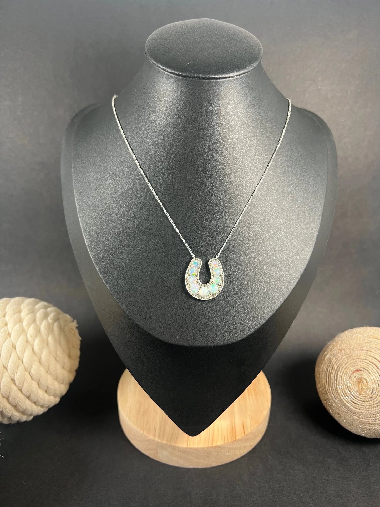 Victorian 18 Carat White Gold Opal and Diamond Lucky Horseshoe Pendant Necklace