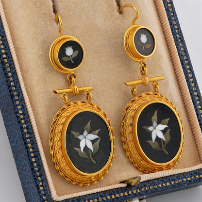 Victorian Antique Etruscan Revival Pietra Dura Floral Mosaic Pendant and Earring Suite