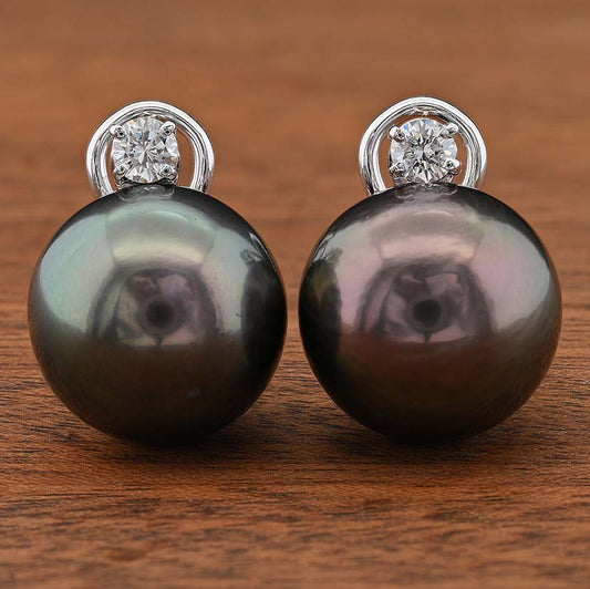 Black Tahitian Pearl and Diamond Earrings, well-matched Black Tahitian pearls with aubergine purple undertones topped with round brilliant-cut diamond solitaires in 18ct white gold