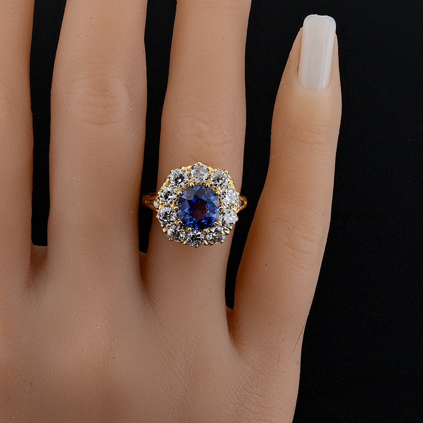 Victorian Antique 3.60ct Natural No Heat Burma Sapphire and Old Cut Diamond Cluster Engagement Ring
