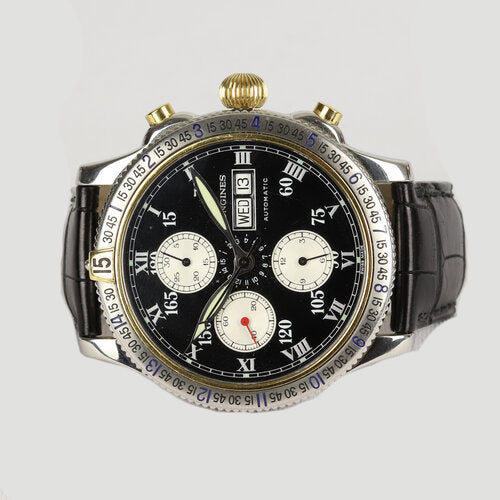 Longines Automatic Chronograph Special Series 42mm Stainless Steel Watch; black dial with day and date indicators (quick-set), chronograph sub-dials, rotating bezel, with luminous Roman numerals and hands, exhibition back, on black leather strap