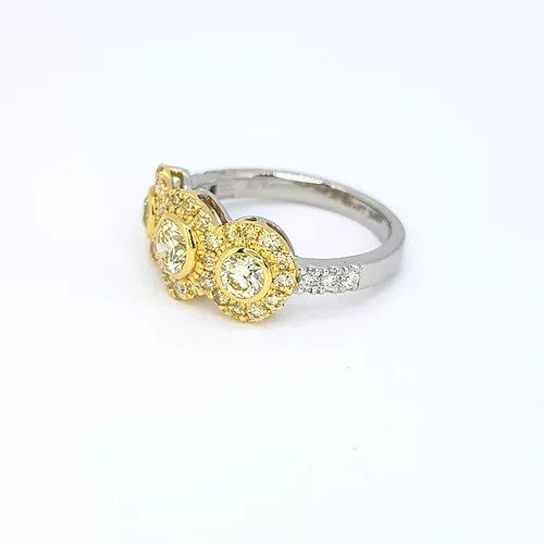 Fancy Yellow Diamond Triple Cluster Ring in Platinum, 1.22 carats