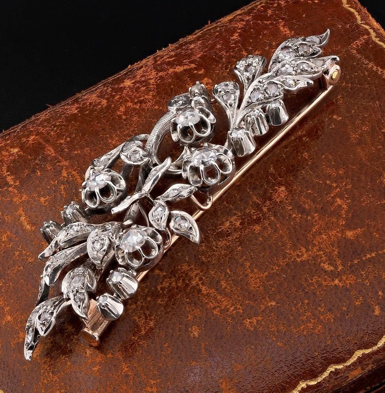 Antique Victorian 3.6ct Rose Cut Diamond Floral Spray Brooch