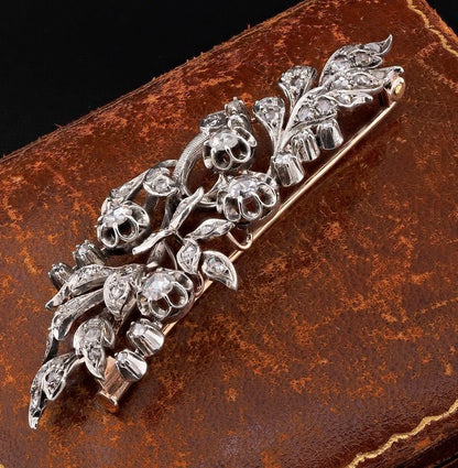Antique Victorian 3.6ct Rose Cut Diamond Floral Spray Brooch