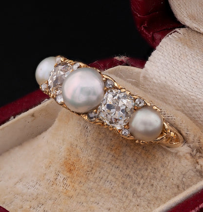 Antique Victorian 1.8ct Diamond and Natural Pearl Five Stone Ring