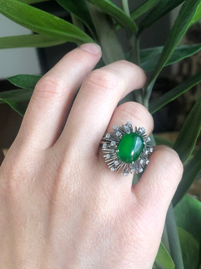 Vintage 3.60ct Natural Jade and Diamond Starburst Cluster Ring
