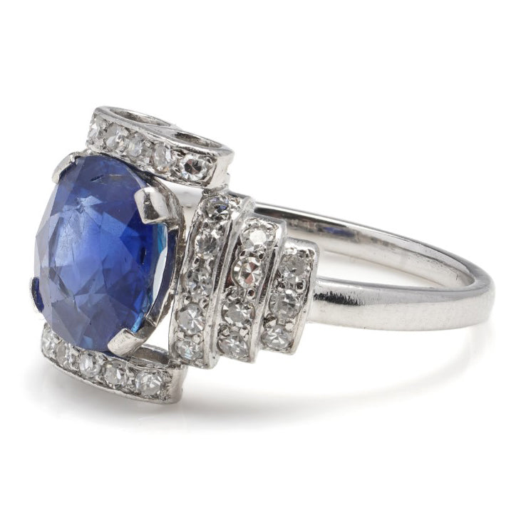 Vintage 2.9ct Natural Ceylon Sapphire and Diamond Cluster Ring in Platinum