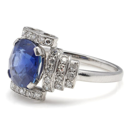Vintage 2.9ct Natural Ceylon Sapphire and Diamond Cluster Ring in Platinum