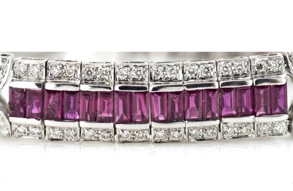 Vintage Ruby and Diamond Bracelet, 2.40cts baguette-cut rubies surrounded by 2.71cts diamonds, diamond set circular links, Circa 1990's.