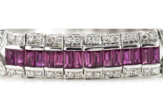 Vintage Ruby and Diamond Bracelet, 2.40cts baguette-cut rubies surrounded by 2.71cts diamonds, diamond set circular links, Circa 1990's.
