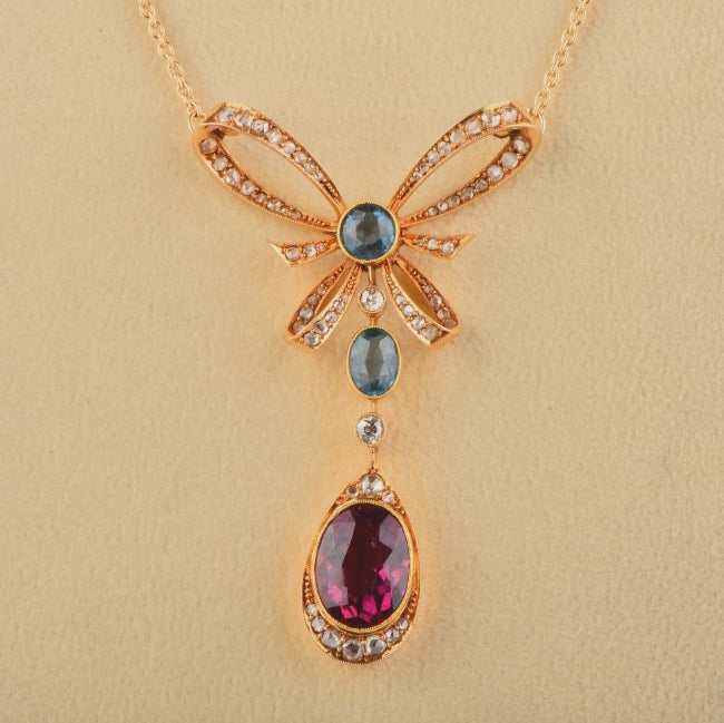 Edwardian Antique 4ct Red and Blue Tourmaline Diamond Bow Lavaliere Necklace
