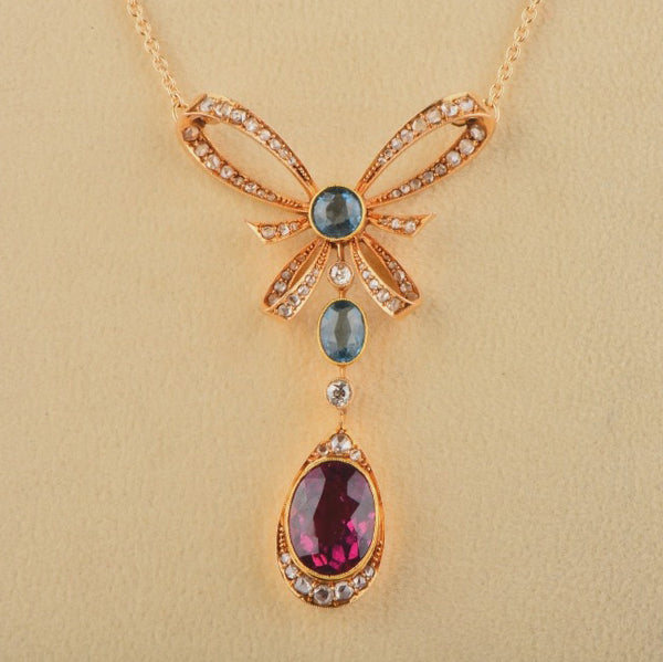 Edwardian Antique 4ct Red and Blue Tourmaline Diamond Bow Lavaliere Necklace
