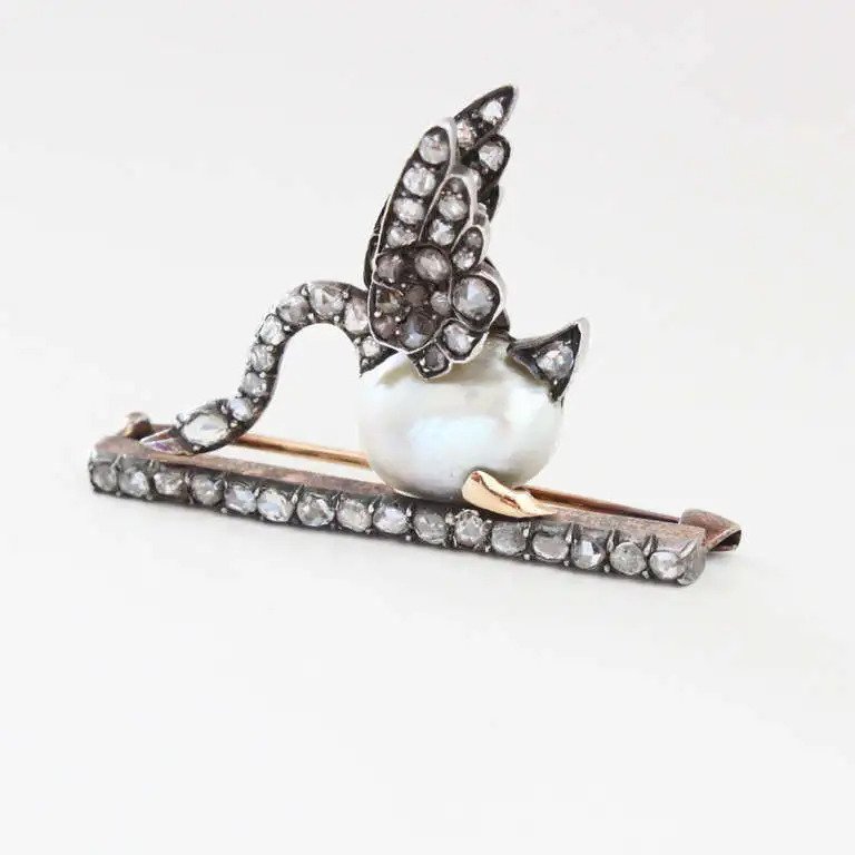 Rare Antique Victorian Natural Pearl and Diamond Swan Brooch, Circa 1880s