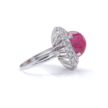 Vintage 6ct Cabochon Natural Ruby and Double Diamond Halo Cluster Ring