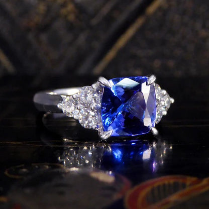 2.40ct Cushion Cut Tanzanite and Diamond Engagement Ring in Platinum