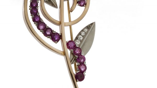 Tiffany and Co Vintage 1940s Ruby and Diamond Retro Floral Brooch