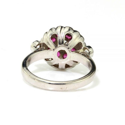 Vintage Ruby and Diamond Cluster Dress Ring in 18ct White Gold